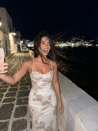 Floral Embroidered Lace-Up Gown