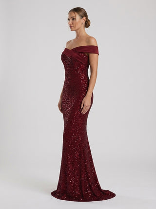 AURELIA Off-Shoulder Rhinestone Gown – Deep Garnet