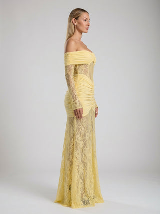 שמלות תחרה ללא כתפיים ולנסיה - צהוב לימון