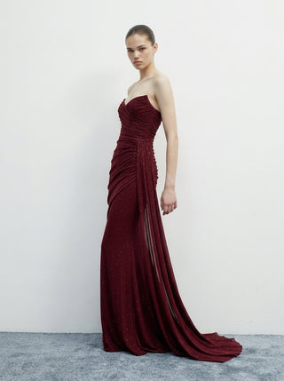 VARELLE Draped Shimmer Gown - Deep Garnet