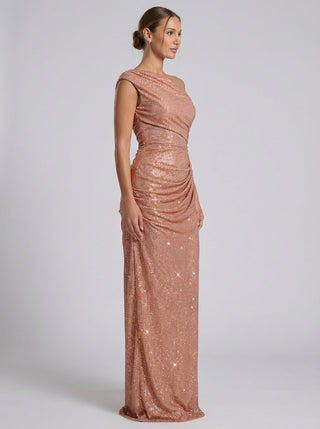 שמלת Aurex עם כתף אחת – נצנצים בזהב ורוד