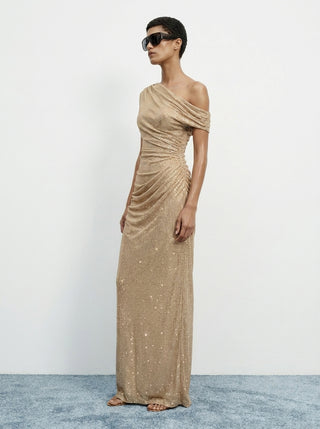 Aurex One-Shoulder Gown — Gold Sparkle