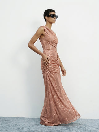 Aurex One-Shoulder Gown — Rose Gold Sparkle