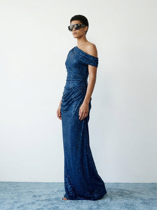 Aurex One-Shoulder Gown — Navy Blue Sparkle