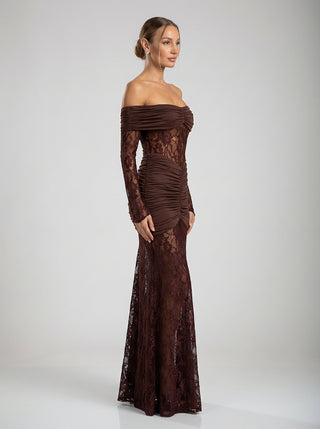 שמלות תחרה וולנסיה עם כתפיים חשופות - חום שזיף