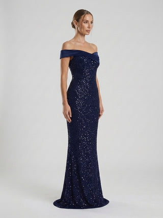 AURELIA Off Shoulder Rhinestone Gown - Midnight Navy