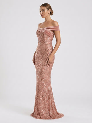 AURELIA Off Shoulder Rhinestone Gown - Rose Gold