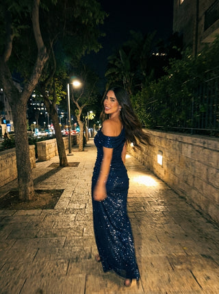 שמלת Aurex עם כתף אחת – כחול נייבי נוצץ