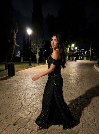 שמלת ערב Aurex עם כתף אחת – שחור מנצנץ אובסידיאן