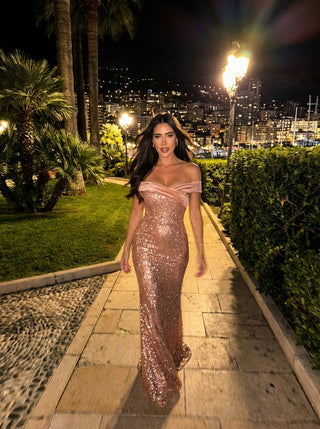 AURELIA Off Shoulder Rhinestone Gown - Rose Gold